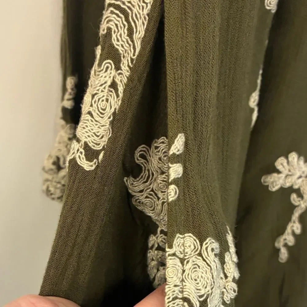 FREE PEOPLE Austin Embroidered Mini Dress Olive Green Women’s Size Small POCKETS